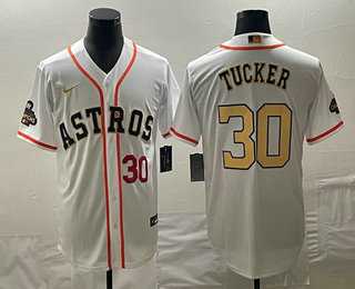 Mens Houston Astros #30 Kyle Tucker Number 2023 White Gold World Serise Champions Patch Cool Base Stitched Jerseys->houston astros->MLB Jersey